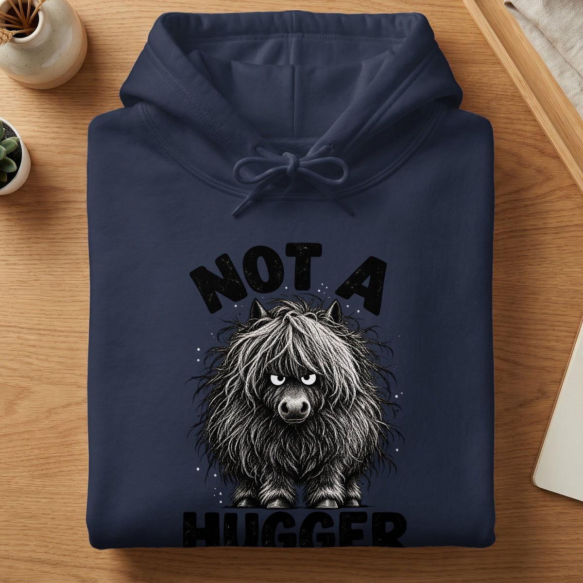 Folded dark blue hoodie with a black and white graphic of a grumpy shaggy cow and text reading NOT A HUGGER.