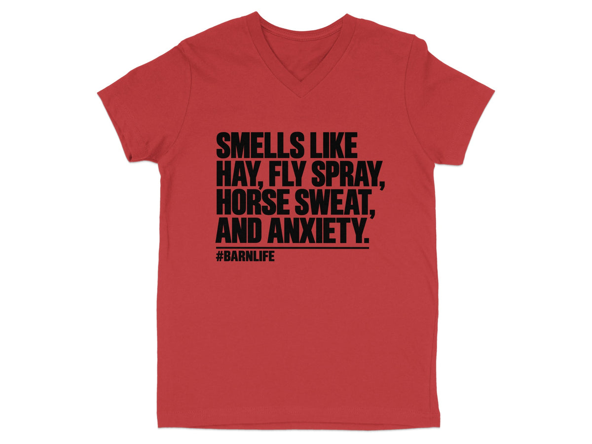 Red t-shirt with black text reading "Smells Like Hay, Fly Spray, Horse Sweat, and Anxiety. #BarnLife".