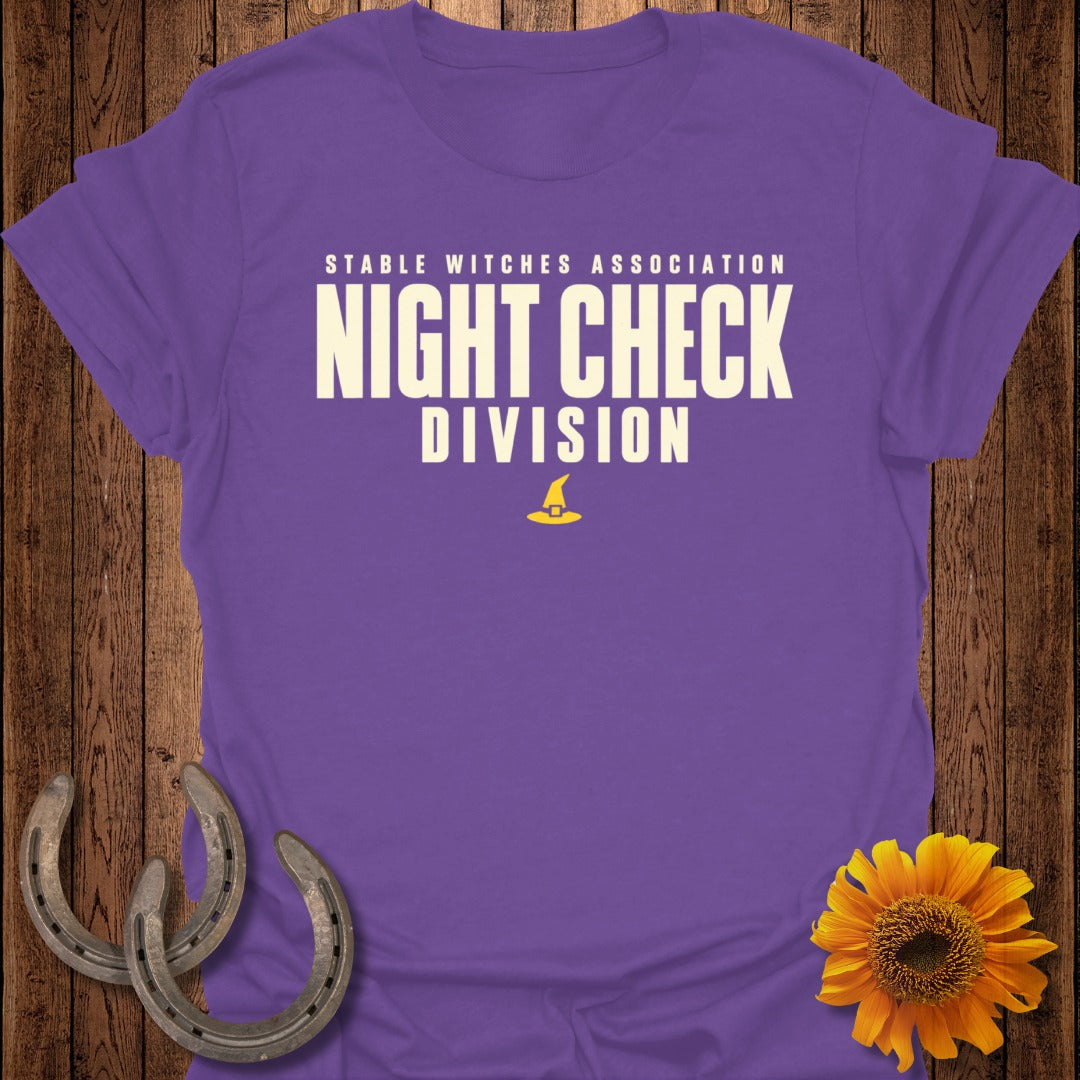 Purple t-shirt with "Stable Witches Association Night Check Division" text and witch hat.