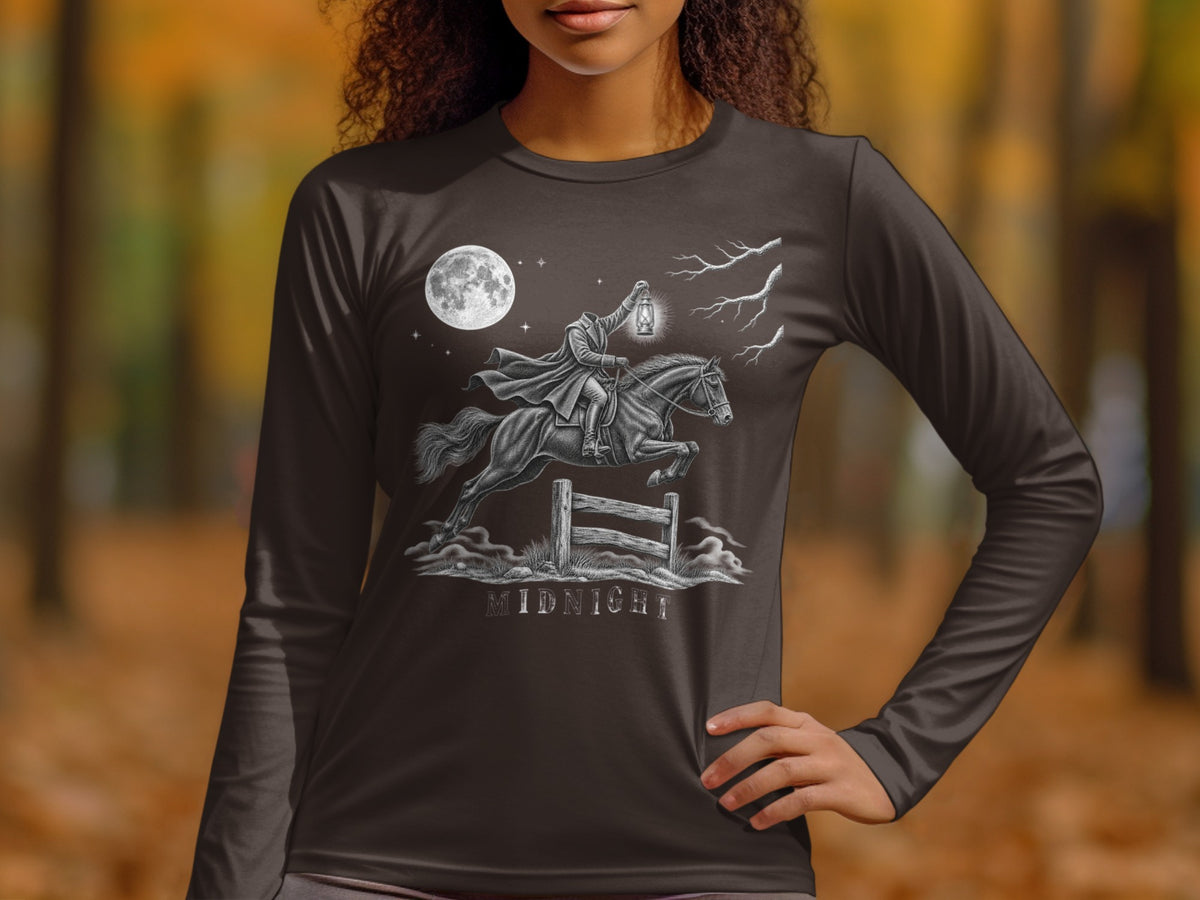 Headless horseman with lantern rides under full moon, text "Midnight" below.