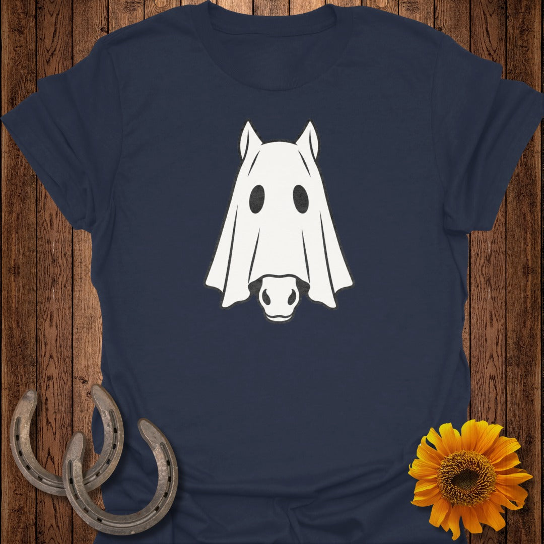 Navy t-shirt with a white ghost-horse graphic, two horseshoes, and a sunflower.