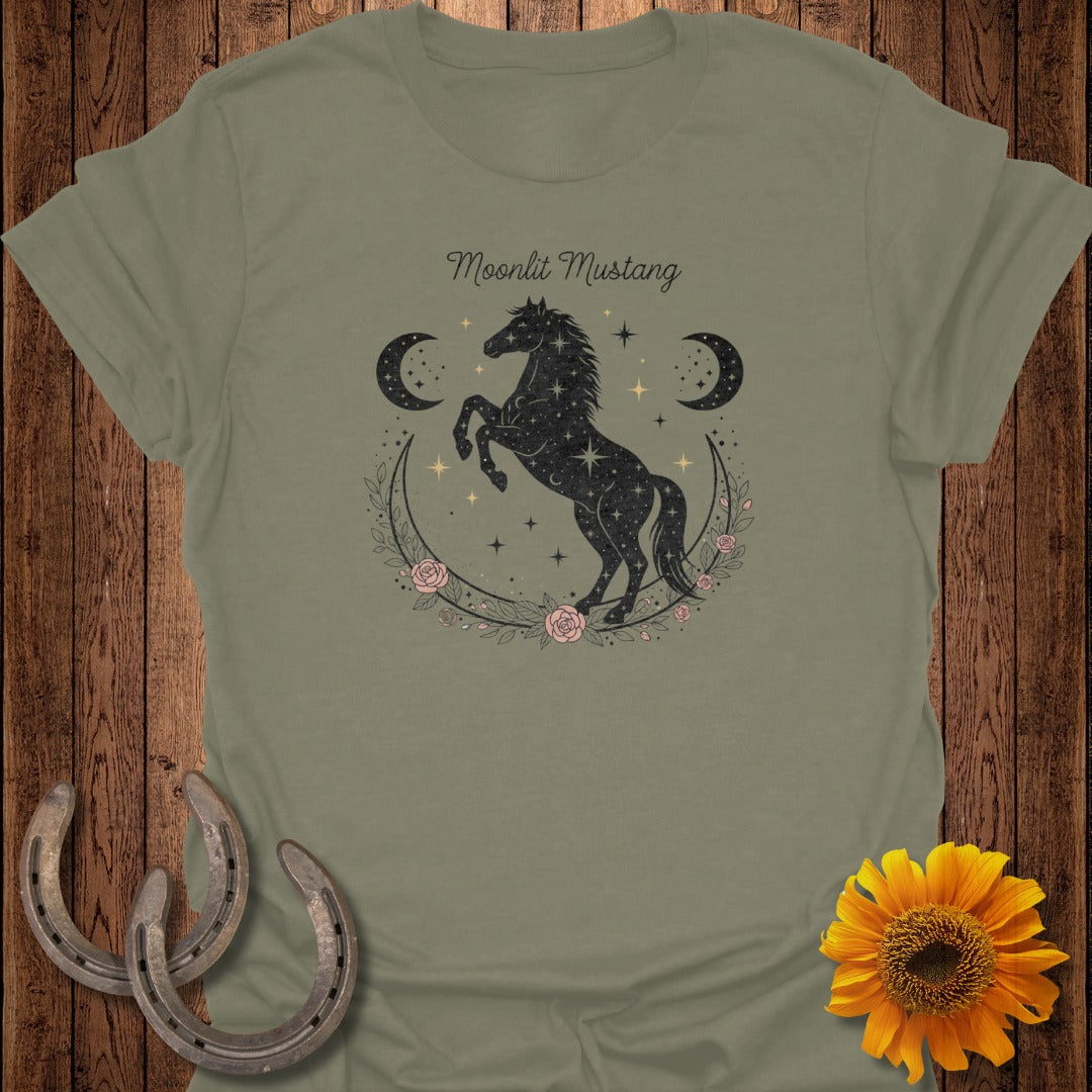 Green t-shirt with "Moonlit Mustang" text and starry horse design.