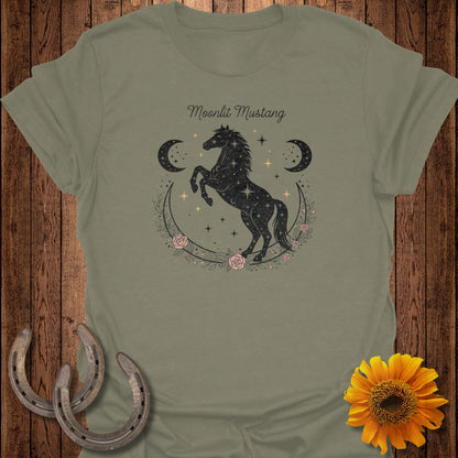 Green t-shirt with "Moonlit Mustang" text and starry horse design.