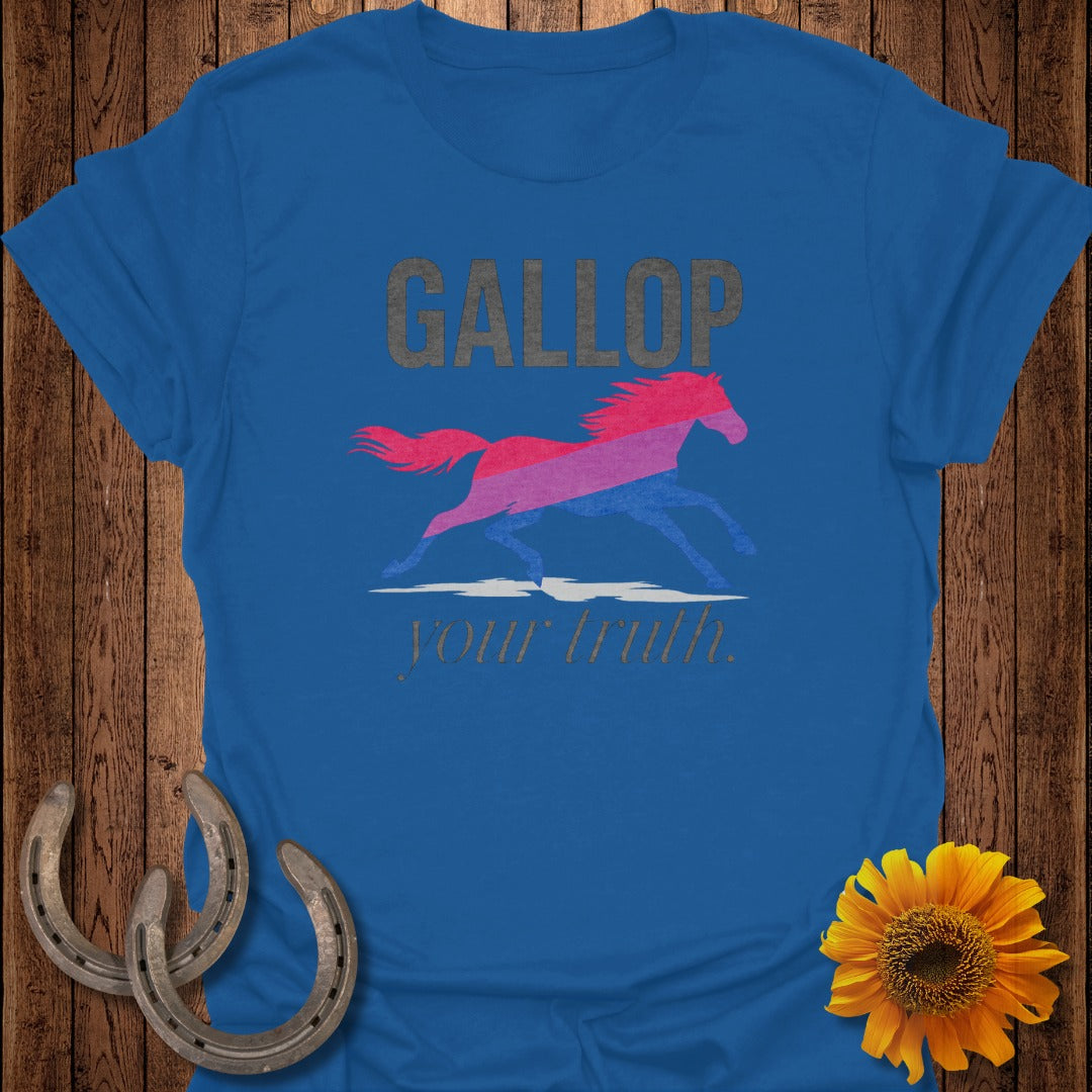 Blue t-shirt with "GALLOP" in gray and a bisexual flag horse silhouette.