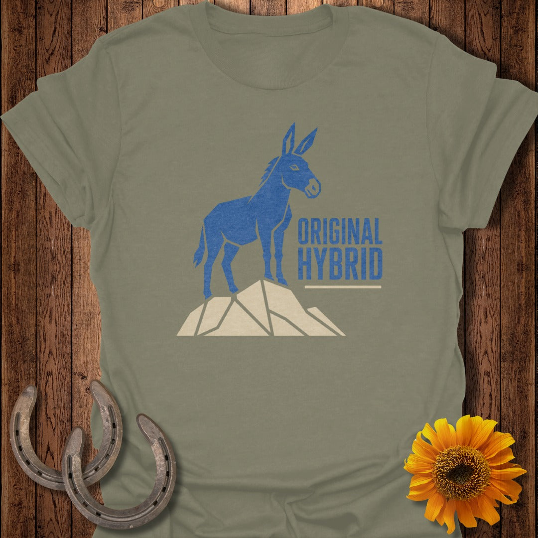 Blue donkey silhouette on mountain with text "ORIGINAL HYBRID."