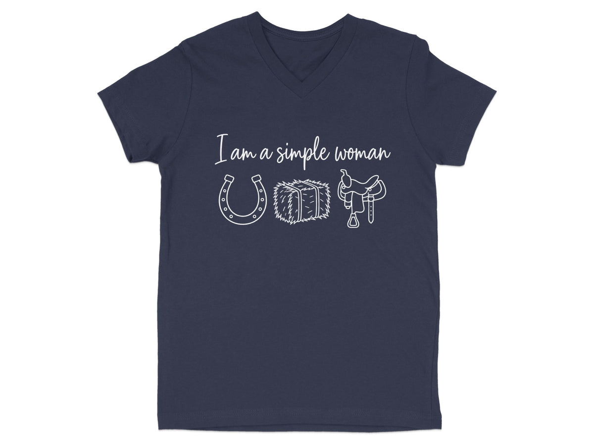 Navy v-neck t-shirt with "I am a simple woman" text and horse-themed icons.