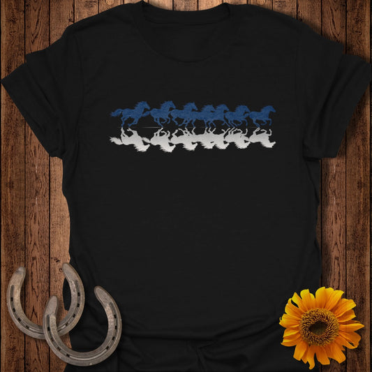 Black t-shirt with a row of running horses and their reflections.