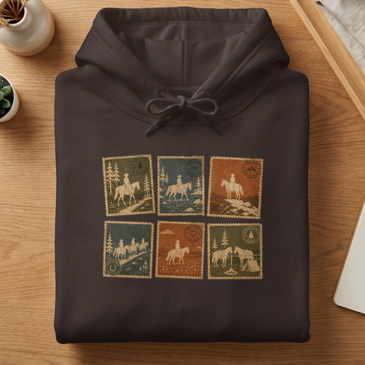 Dark brown hoodie with six vintage stamp designs featuring cowboys and horses.