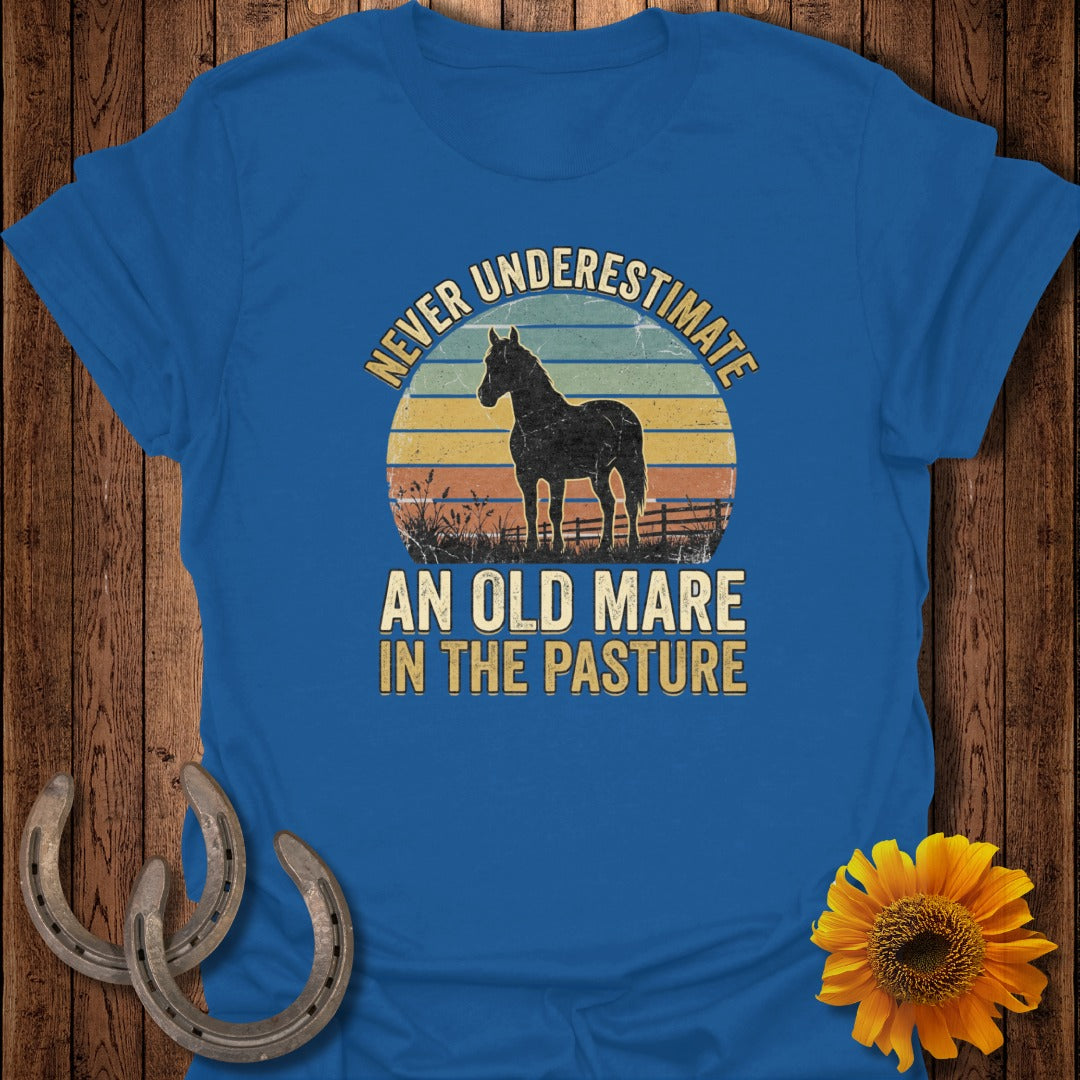 Blue t-shirt with "Never Underestimate An Old Mare In The Pasture" text and horse graphic.