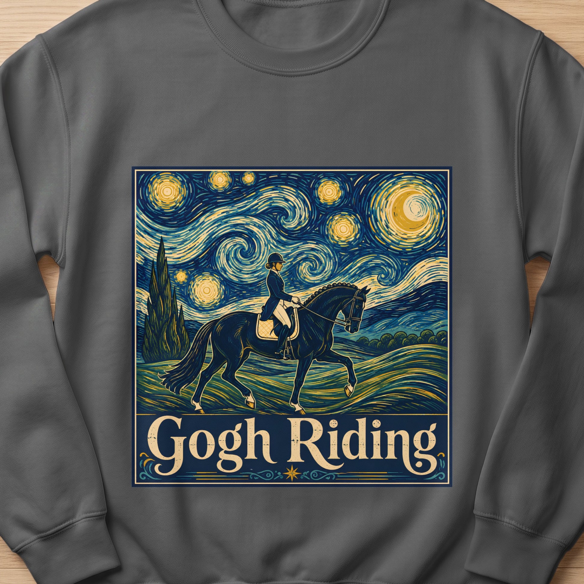 Horse and rider in Van Gogh-style sky with text "Gogh Riding".