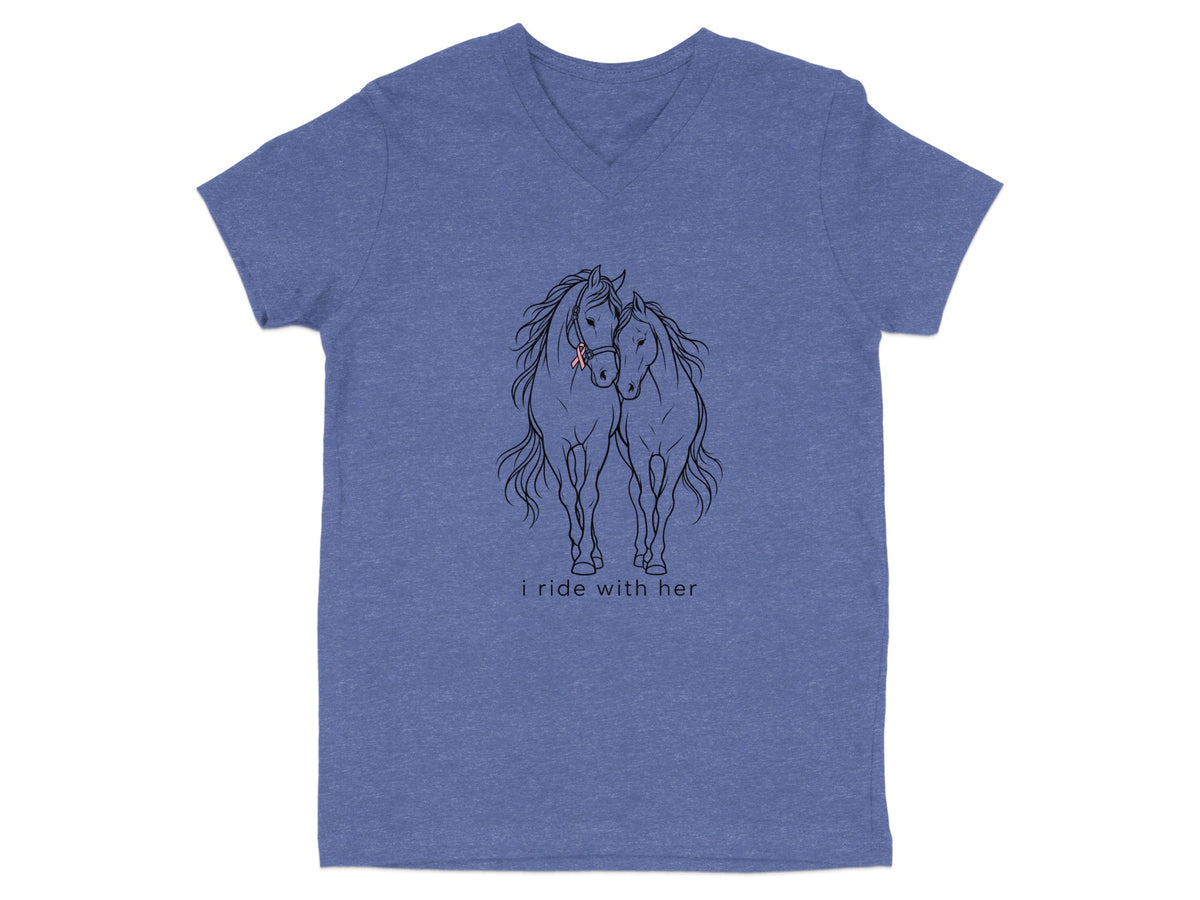 Line drawing of two horses with a pink ribbon, "i ride with her" text below.