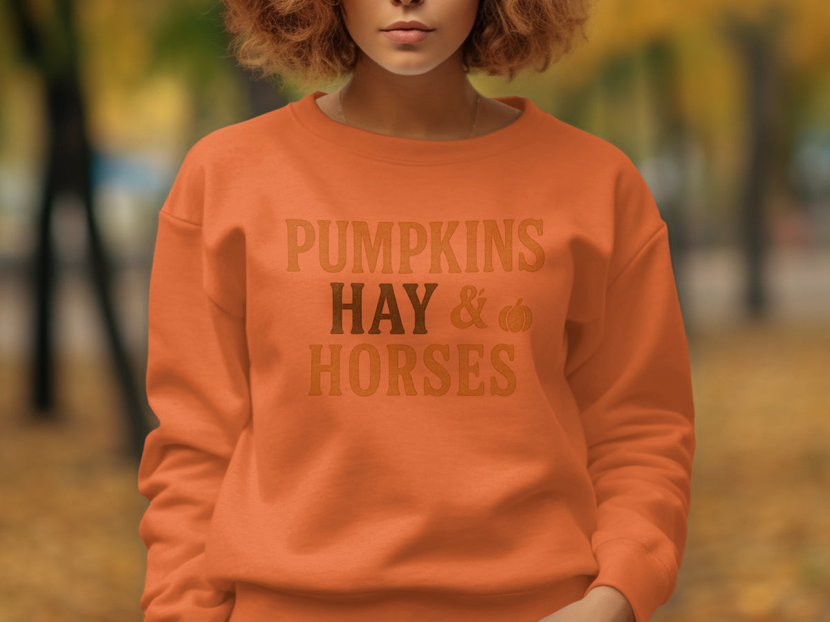 Orange sweatshirt with "Pumpkins Hay & Horses" text and pumpkin graphic.