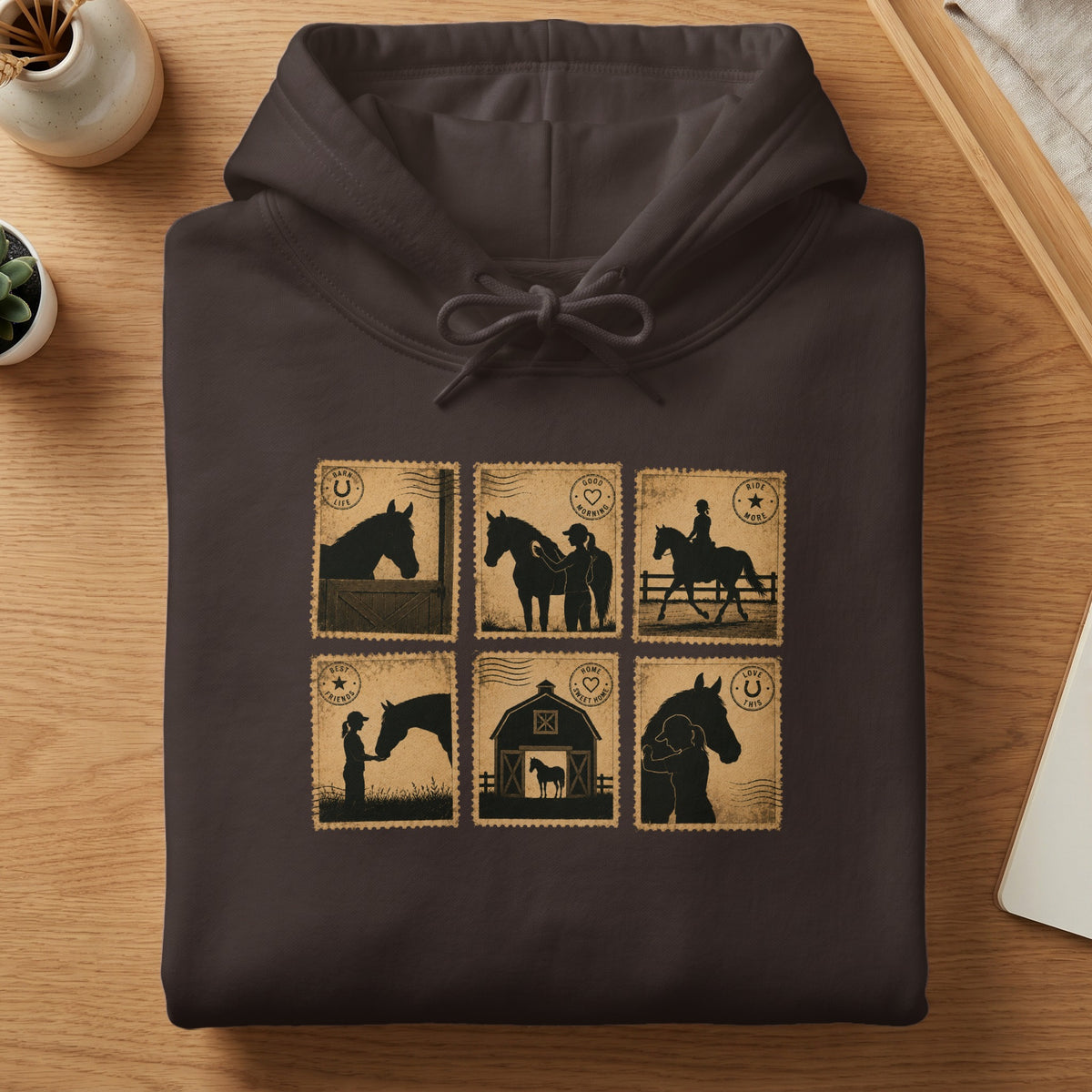 Brown hoodie with six postage stamp designs featuring horse and rider silhouettes.
