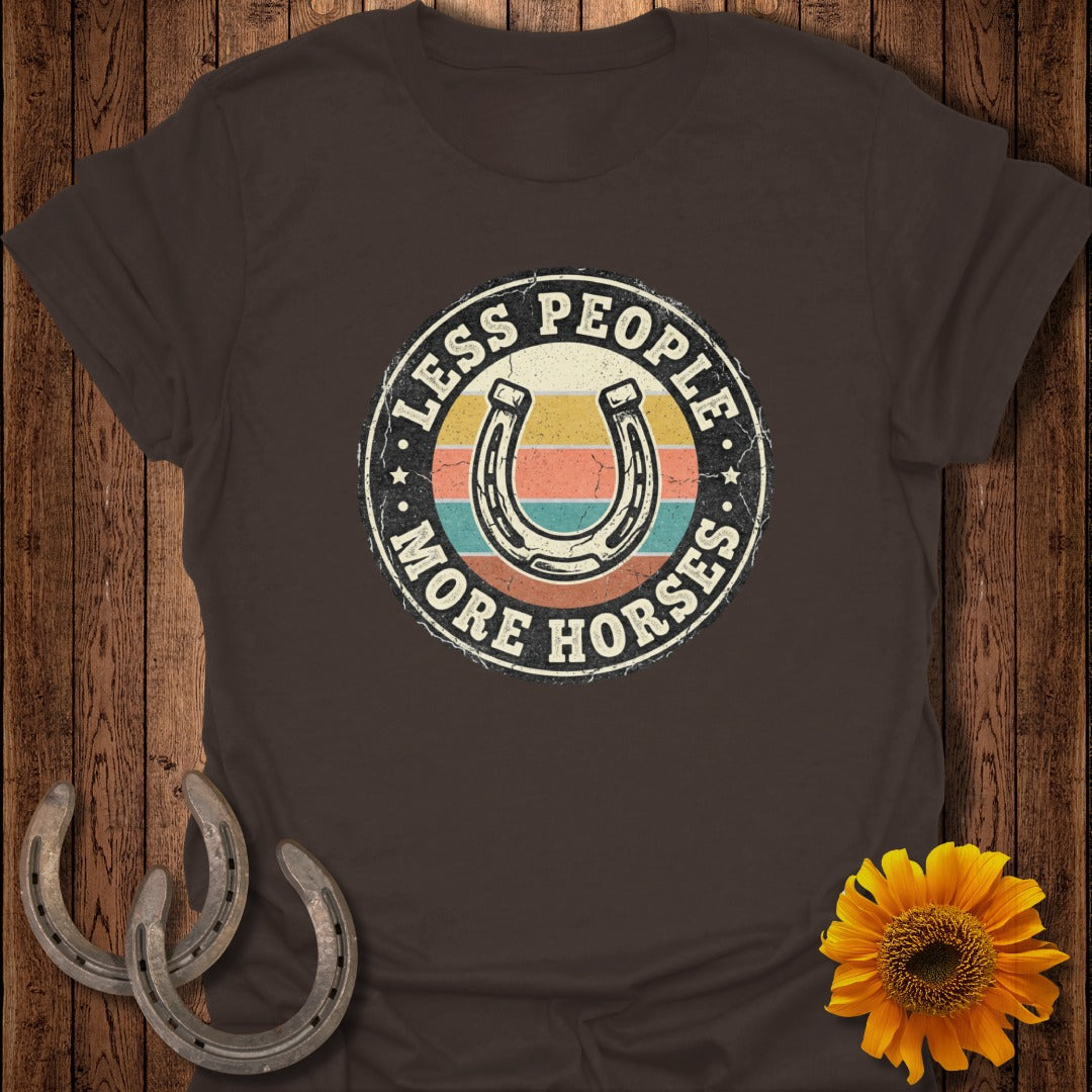 Brown t-shirt with circular graphic: "Less People More Horses" and horseshoes.