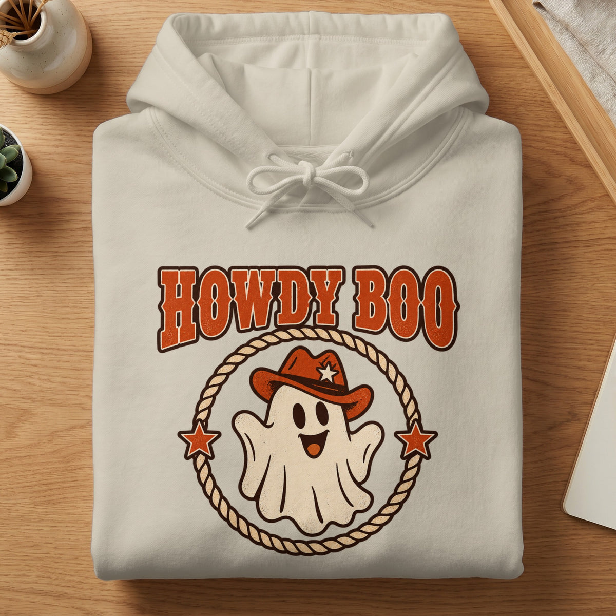 Light cream hoodie with "Howdy Boo" text and a ghost in a cowboy hat.