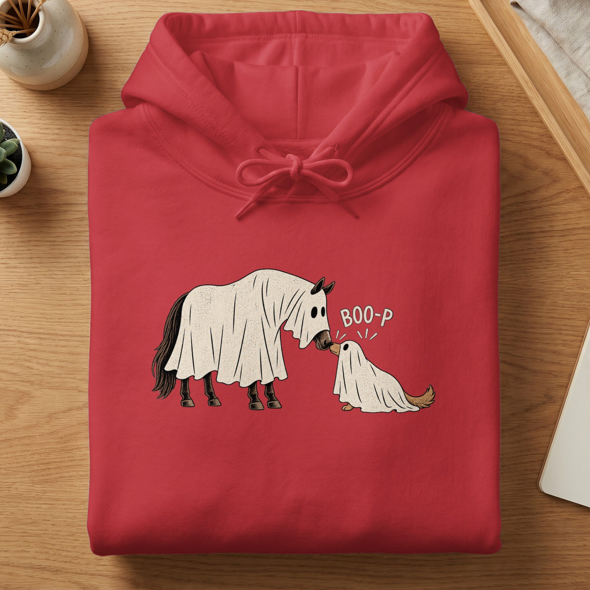 Red hoodie with ghost horse and ghost dog graphic that says "BOO-P".