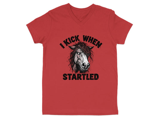 Red t-shirt with black graphic of a horse and text "I Kick When Startled".