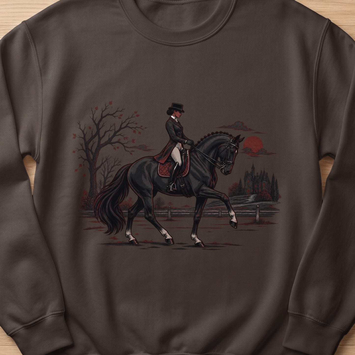 Woman in top hat rides a black horse near a castle during sunset.