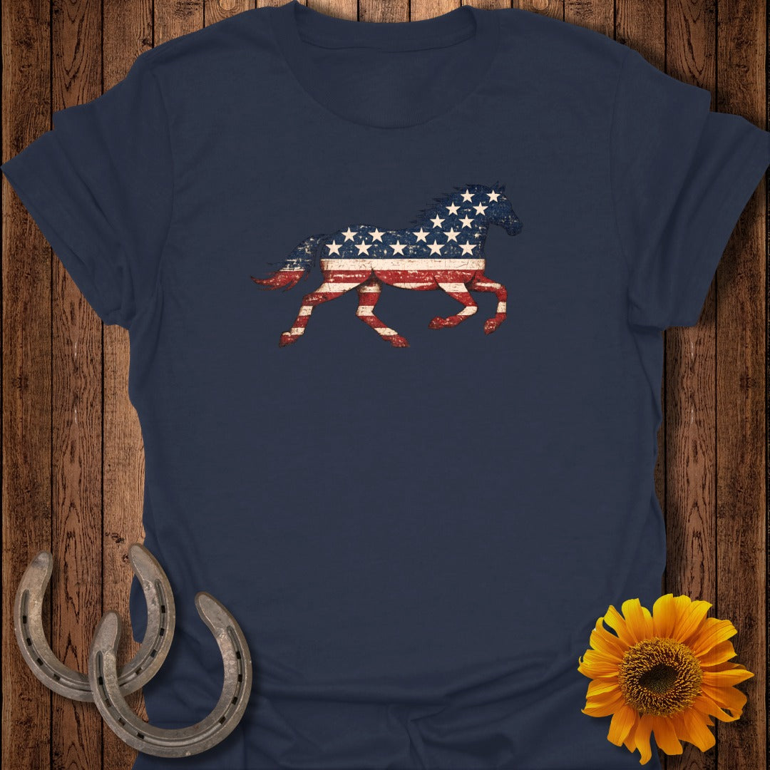 Navy t-shirt with running horse silhouette featuring American flag design.