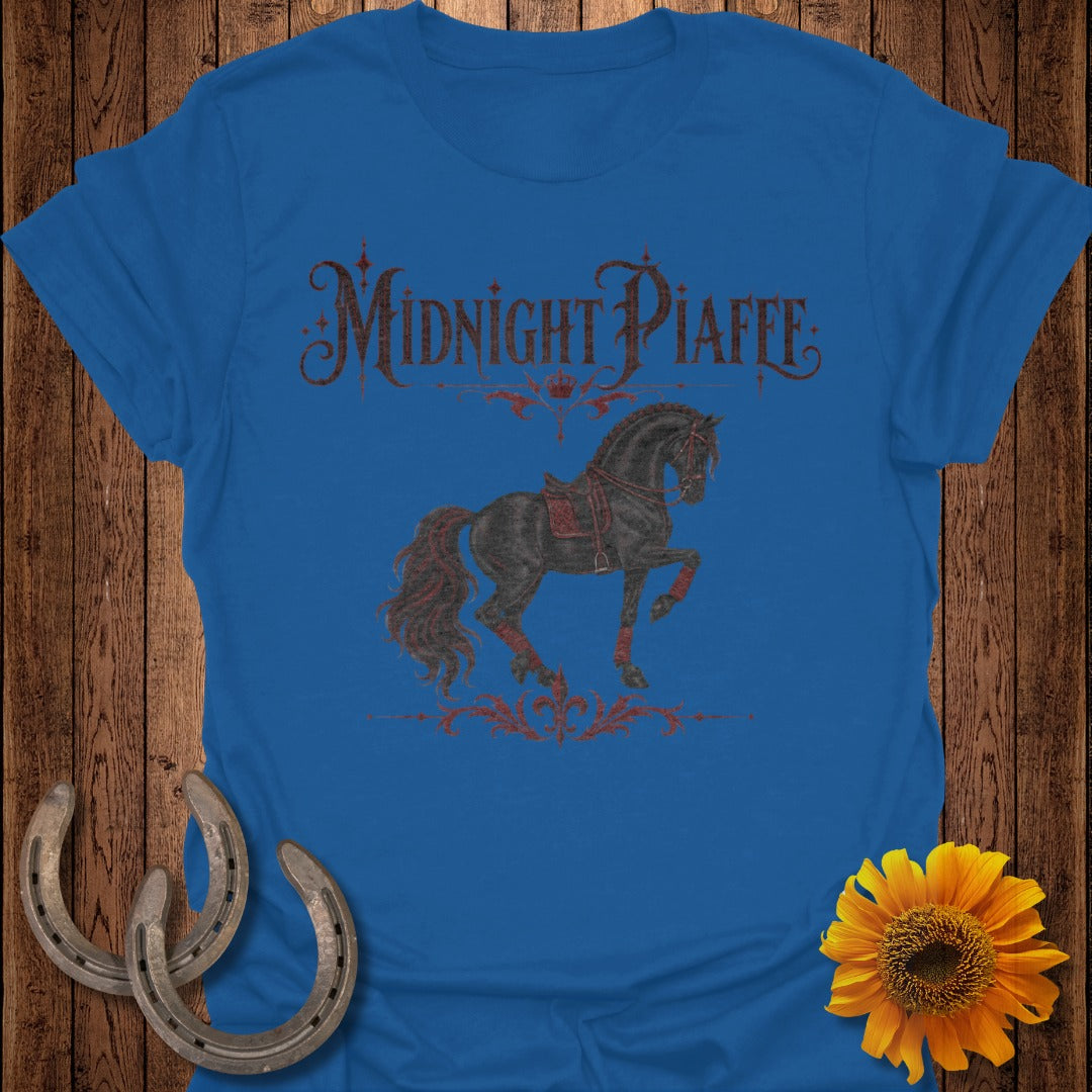Blue t-shirt with "Midnight Piaffe" text and a black horse illustration.