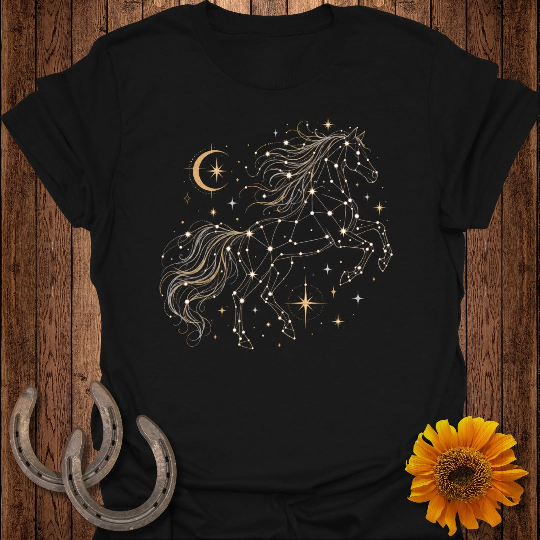 Black t-shirt with a gold constellation horse and celestial moon design.