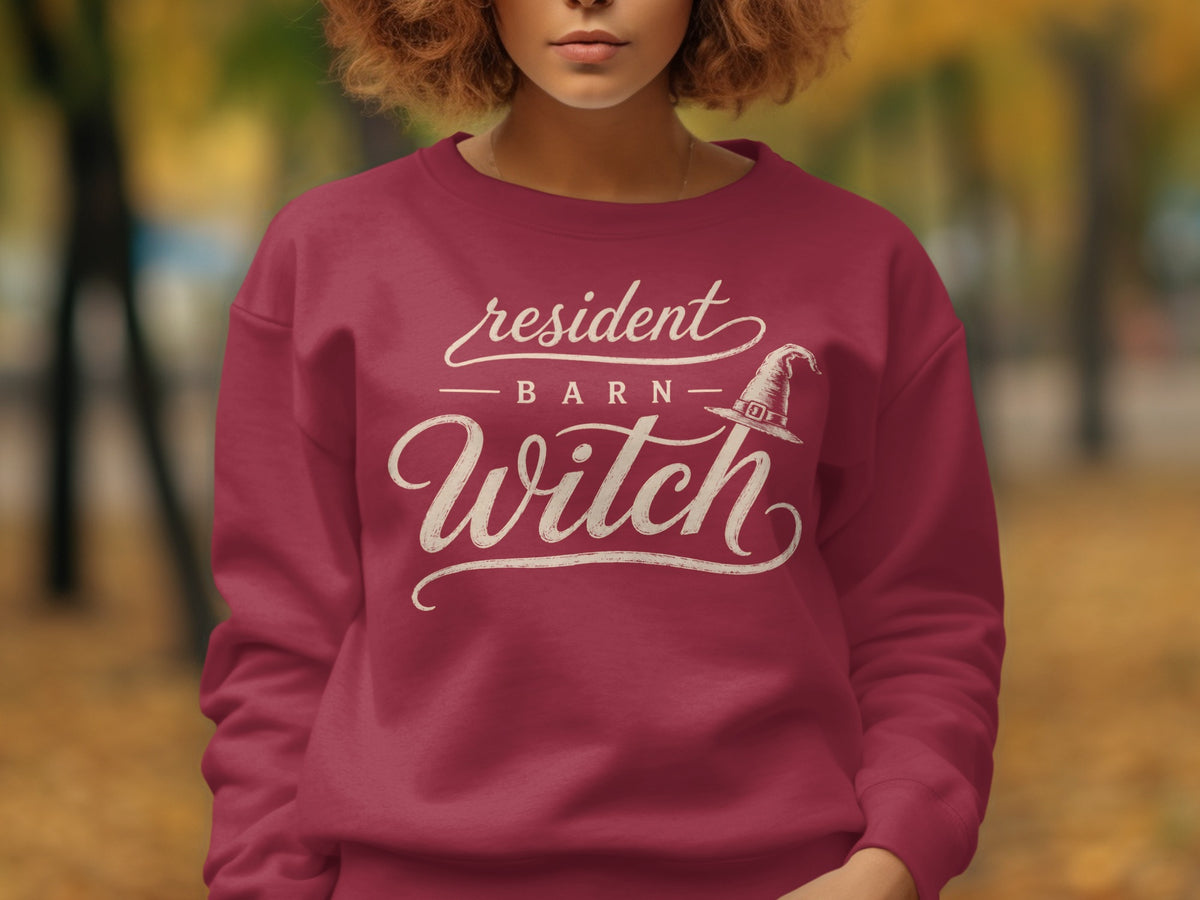 Maroon sweatshirt with "resident BARN Witch" graphic and witch hat.