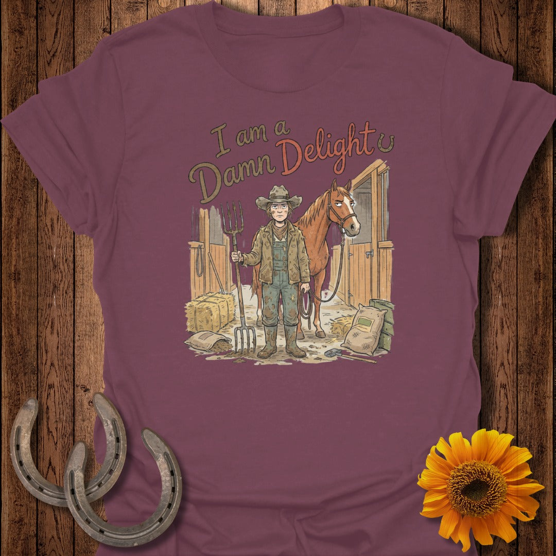 Woman in barn with horse, holding pitchfork, text "I am a Damn Delight".