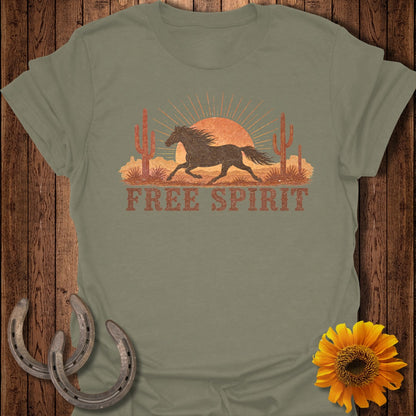 Horse running in desert with sun and cacti, text "FREE SPIRIT."