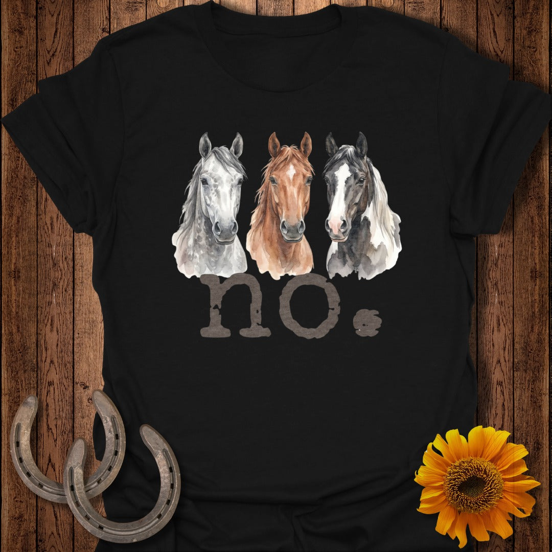 Three horses with watercolor effect on a black t-shirt.