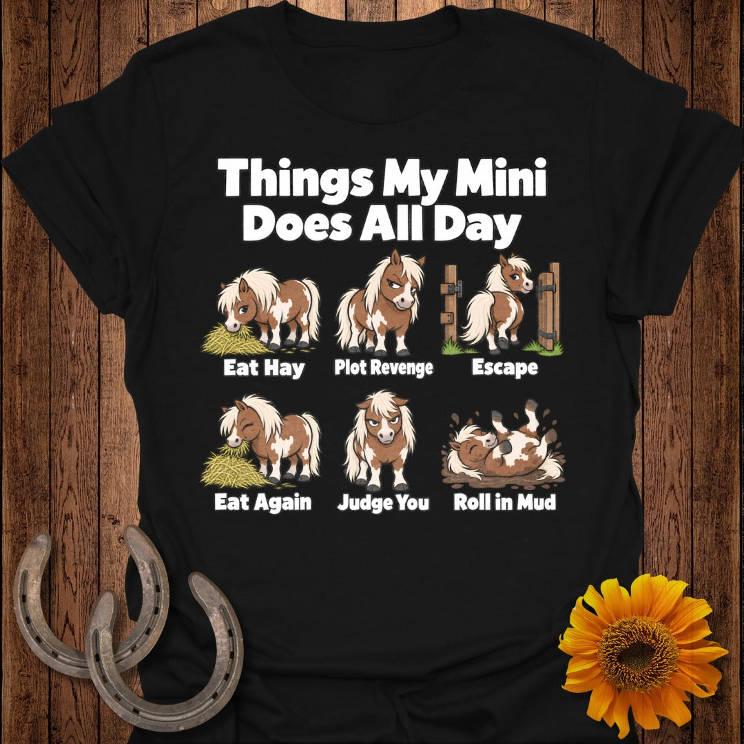 Black t-shirt with "Things My Mini Does All Day" and six mini horse illustrations.