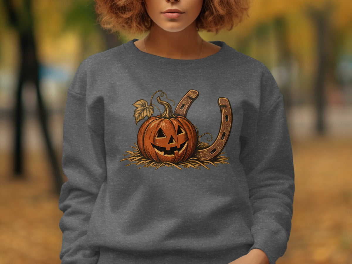 Jack-o'-lantern and horseshoe graphic on a dark grey sweatshirt.
