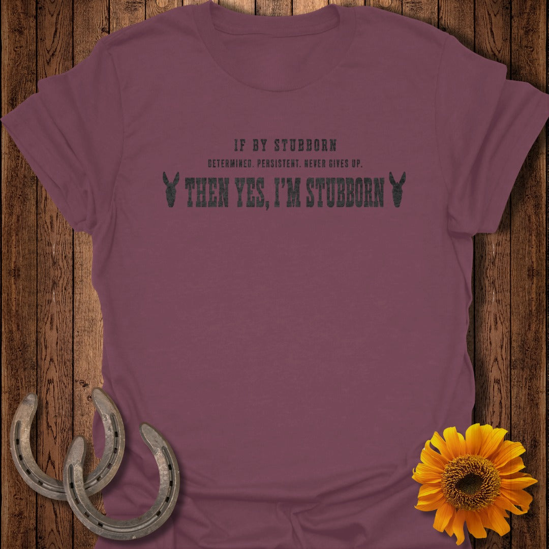 Maroon t-shirt with "If by stubborn, determined, persistent, never gives up. Then yes, I'm stubborn" text.