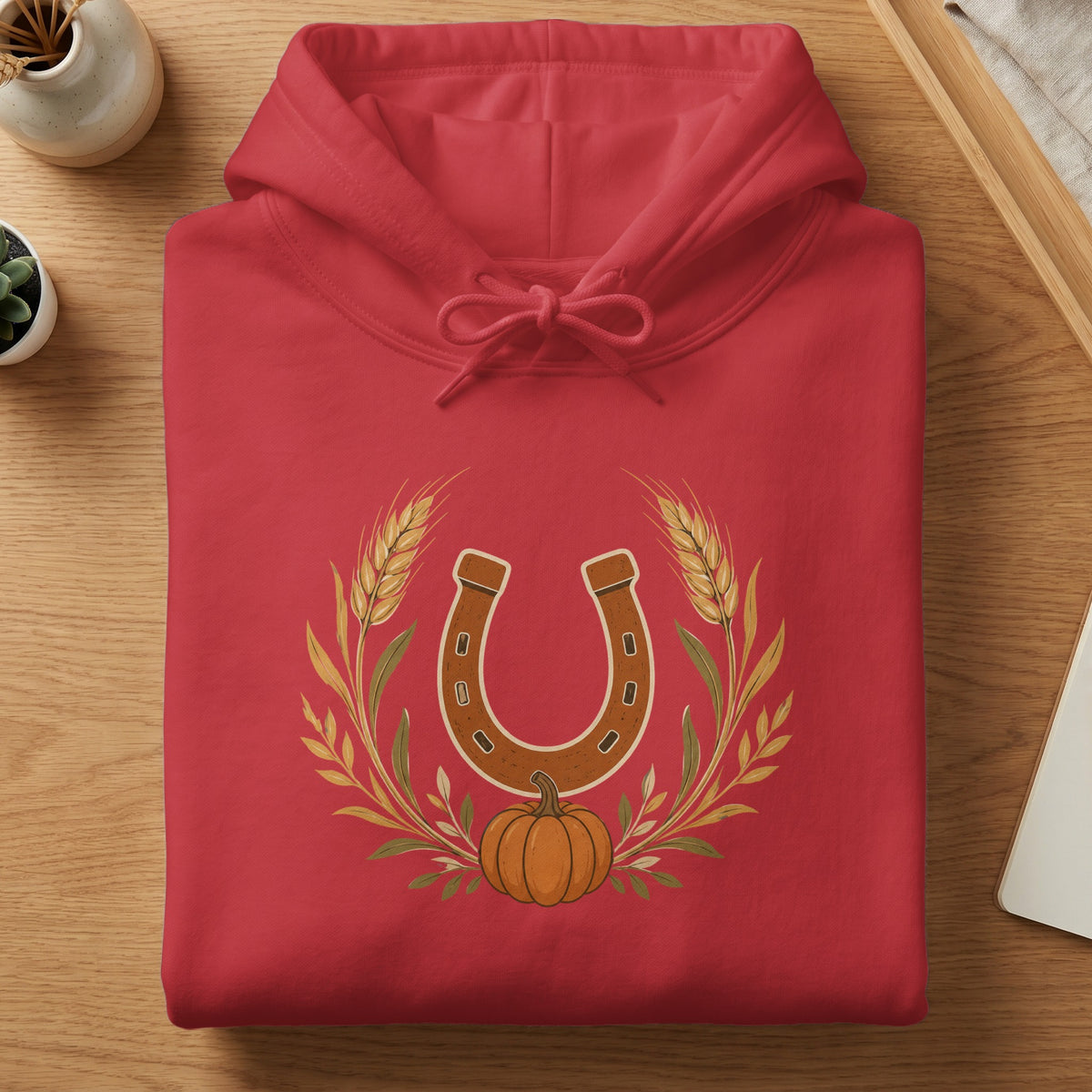 Red hoodie with horseshoe, wheat, and pumpkin graphic design.
