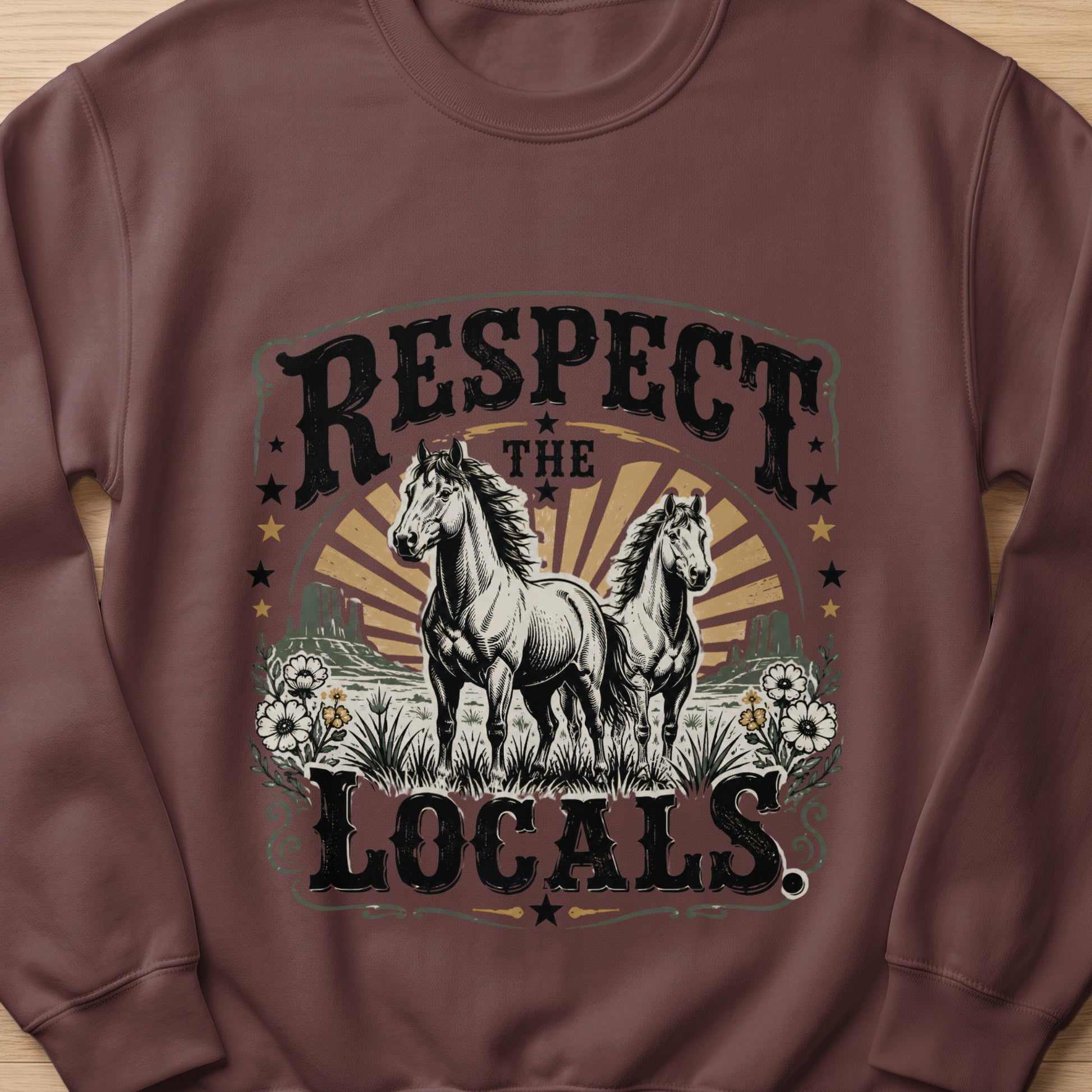 Two horses stand in a field with "RESPECT THE LOCALS" text.