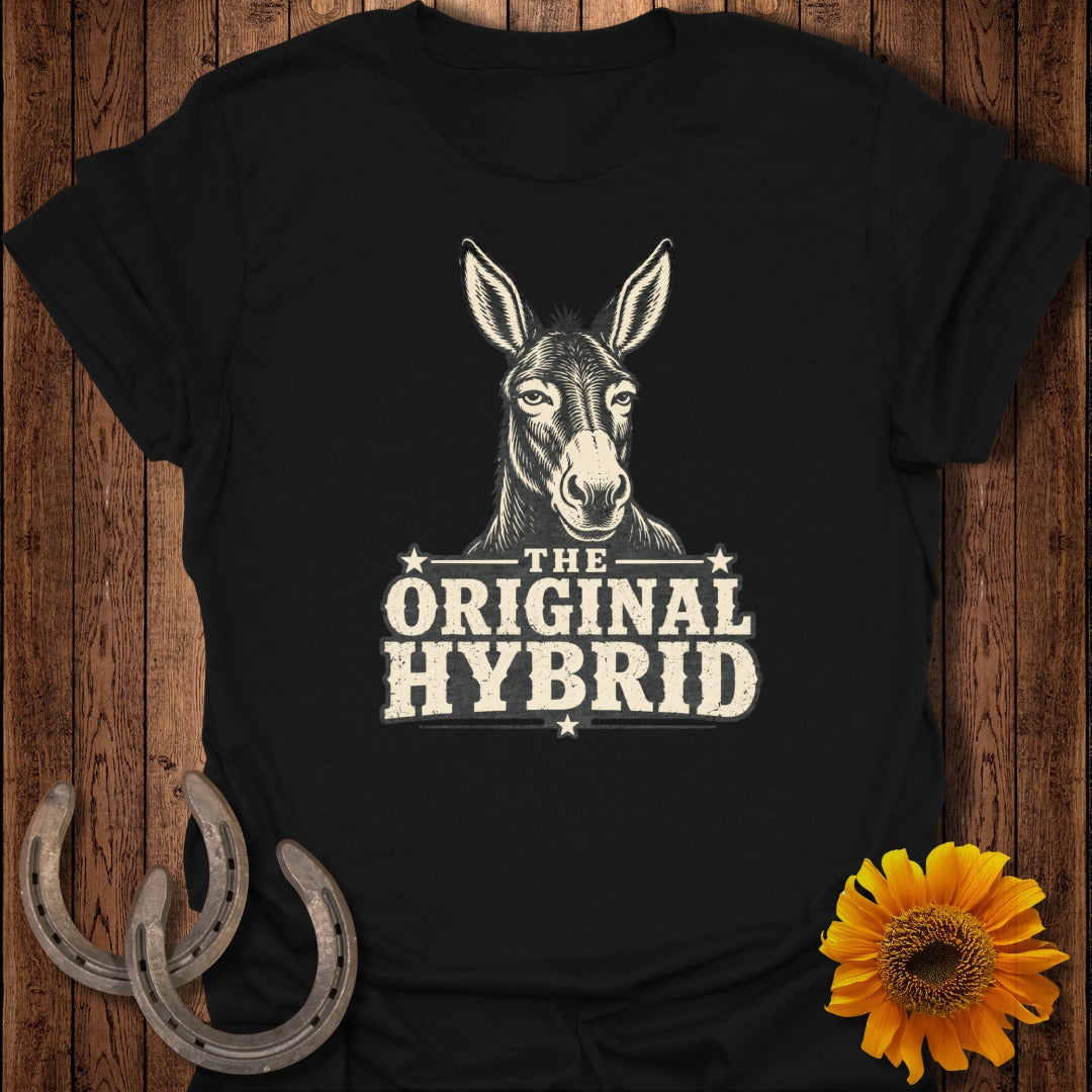 Black t-shirt with "The Original Hybrid" and a donkey head graphic.