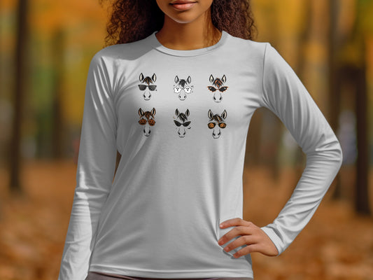Six Halloween-themed horse heads with various glasses and accessories printed on a white long-sleeve shirt.