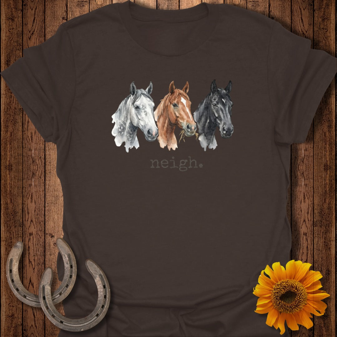 Three watercolor horses with "neigh" text on a dark brown t-shirt.