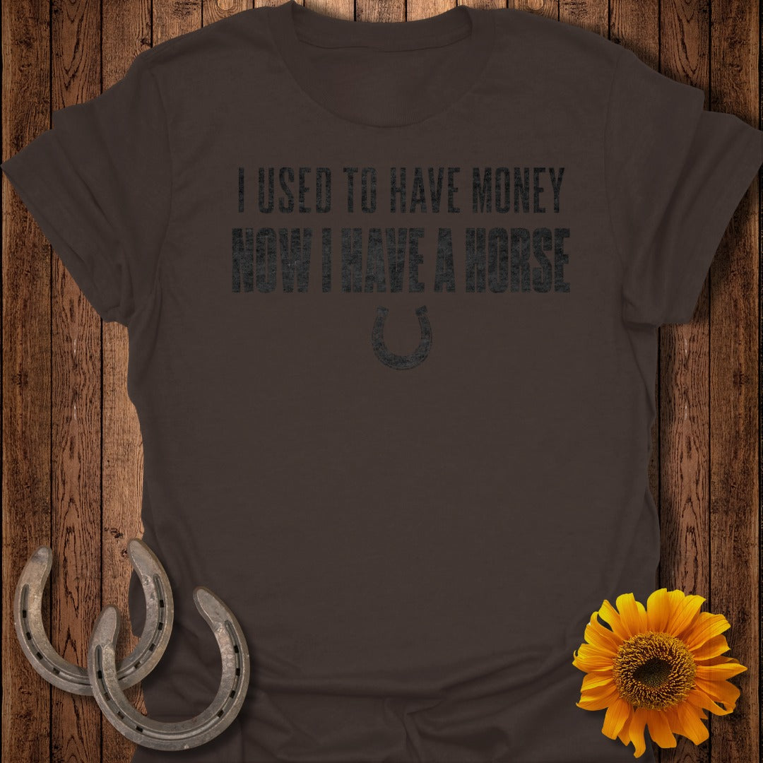 Brown t-shirt with text "I used to have money, now I have a horse" and a horseshoe graphic.
