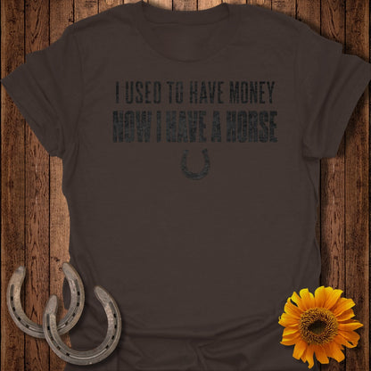 Brown t-shirt with text "I used to have money, now I have a horse" and a horseshoe graphic.