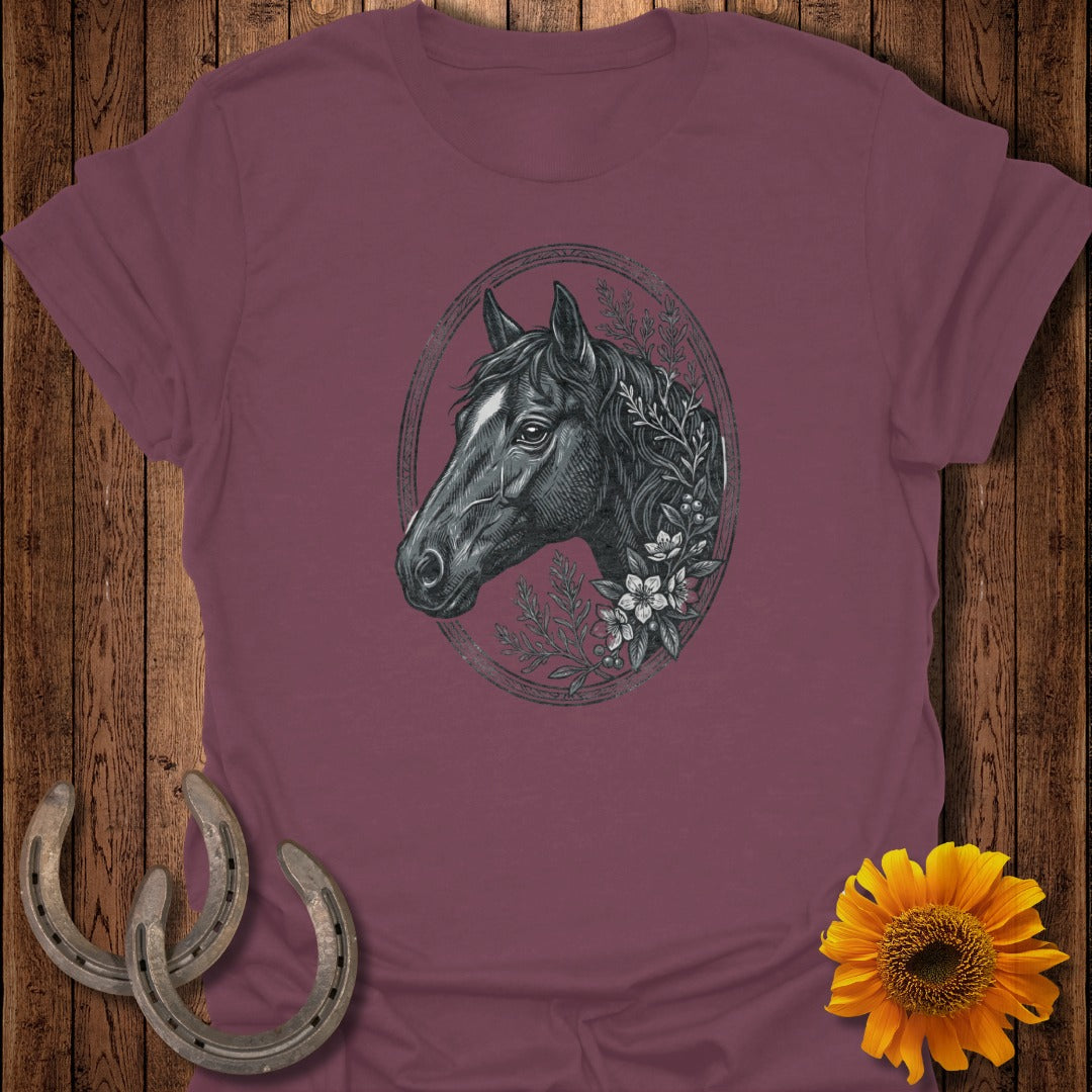 Maroon t-shirt featuring a black and white horse head illustration with floral accents.