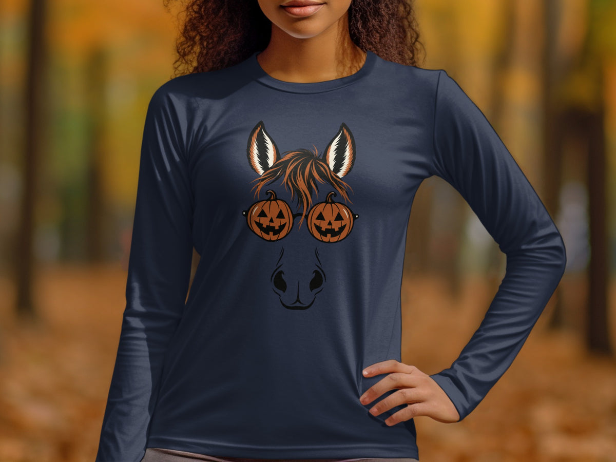 Navy long-sleeve shirt with horse ears, pumpkin glasses, and nose graphic.