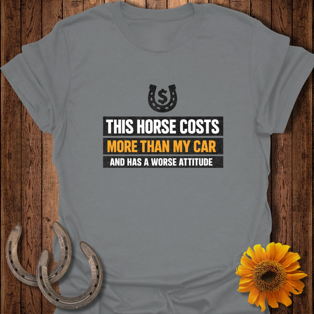 Gray t-shirt with text: "This Horse Costs More Than My Car and Has a Worse Attitude."