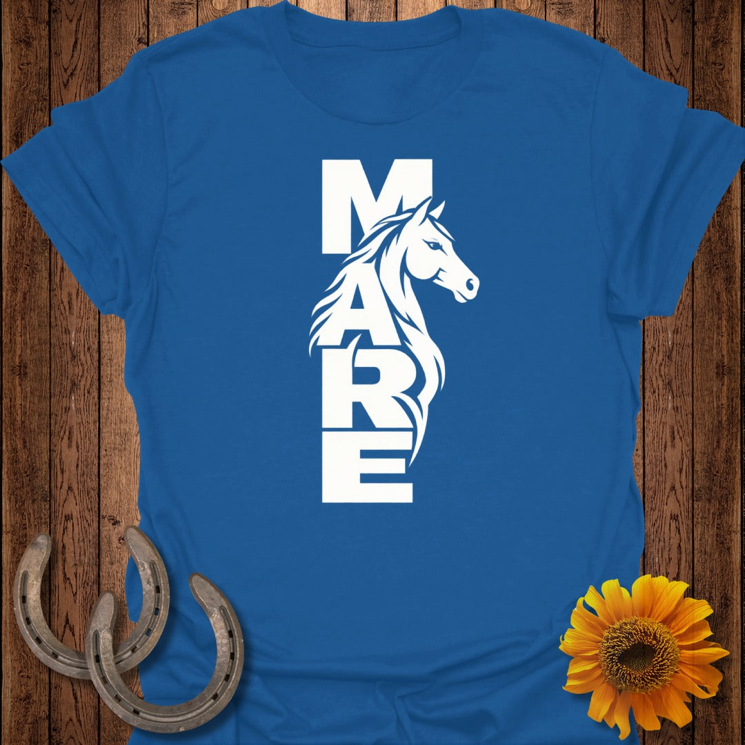 Blue t-shirt with white text "MARE" vertically aligned with a horse's head silhouette.