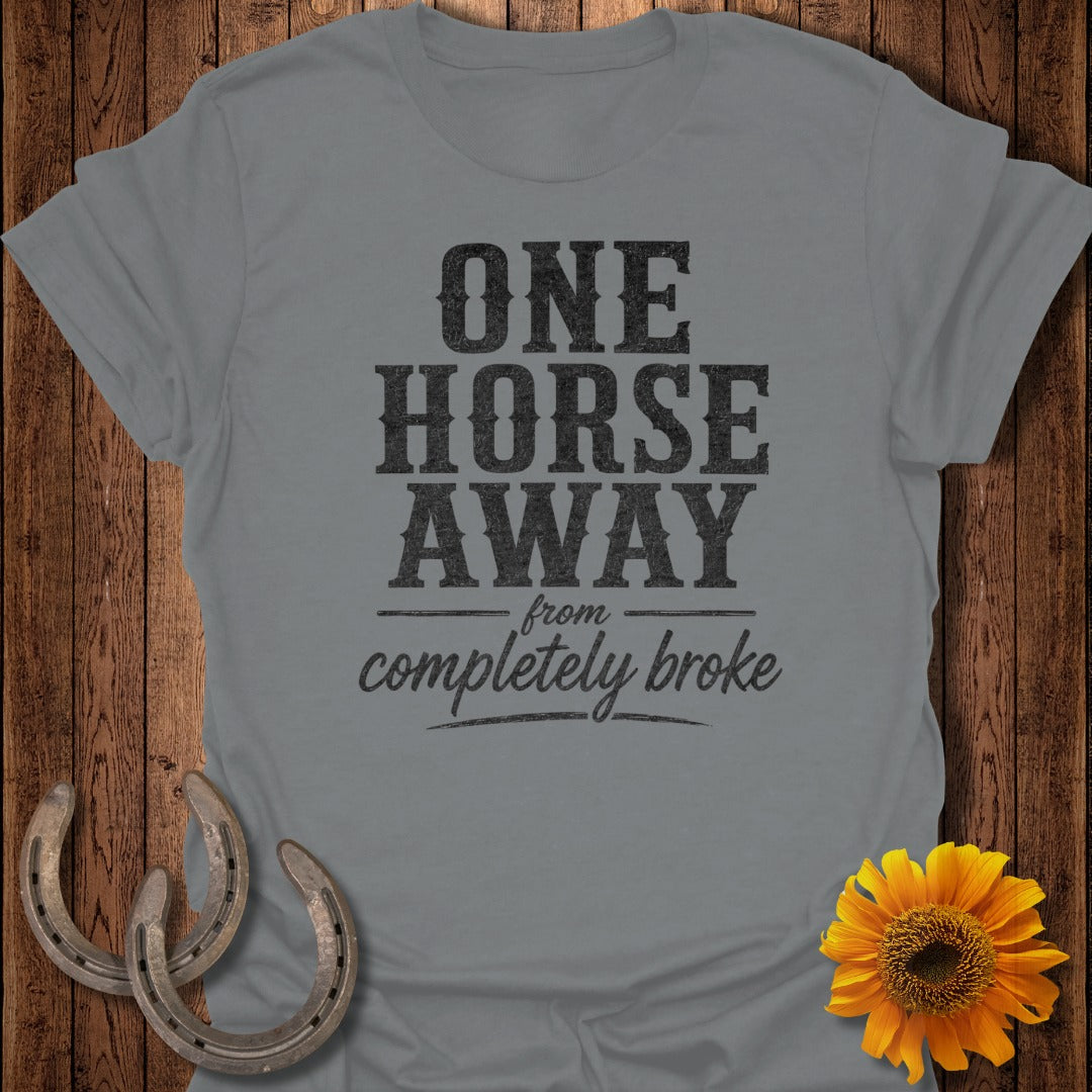 Gray t-shirt with "ONE HORSE AWAY from COMPLETELY BROKE" text.