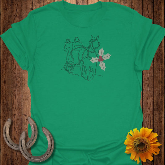 Horse-drawn sleigh with passengers and holly, green t-shirt graphic.