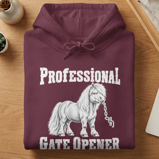 A maroon hoodie printed with a white graphic of a pony holding a chain and the text "Professional Gate Opener".