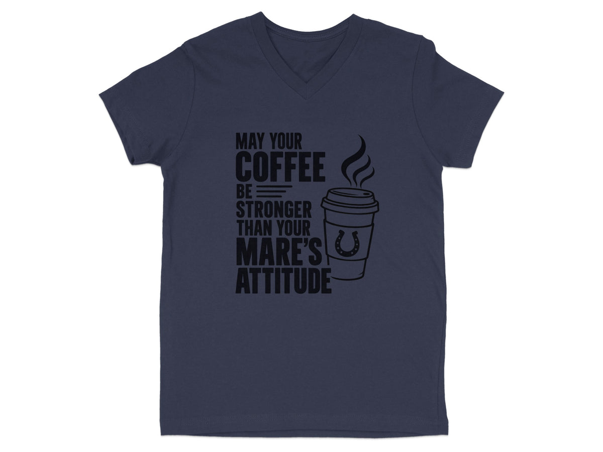 Dark blue v-neck shirt with text and coffee cup graphic.