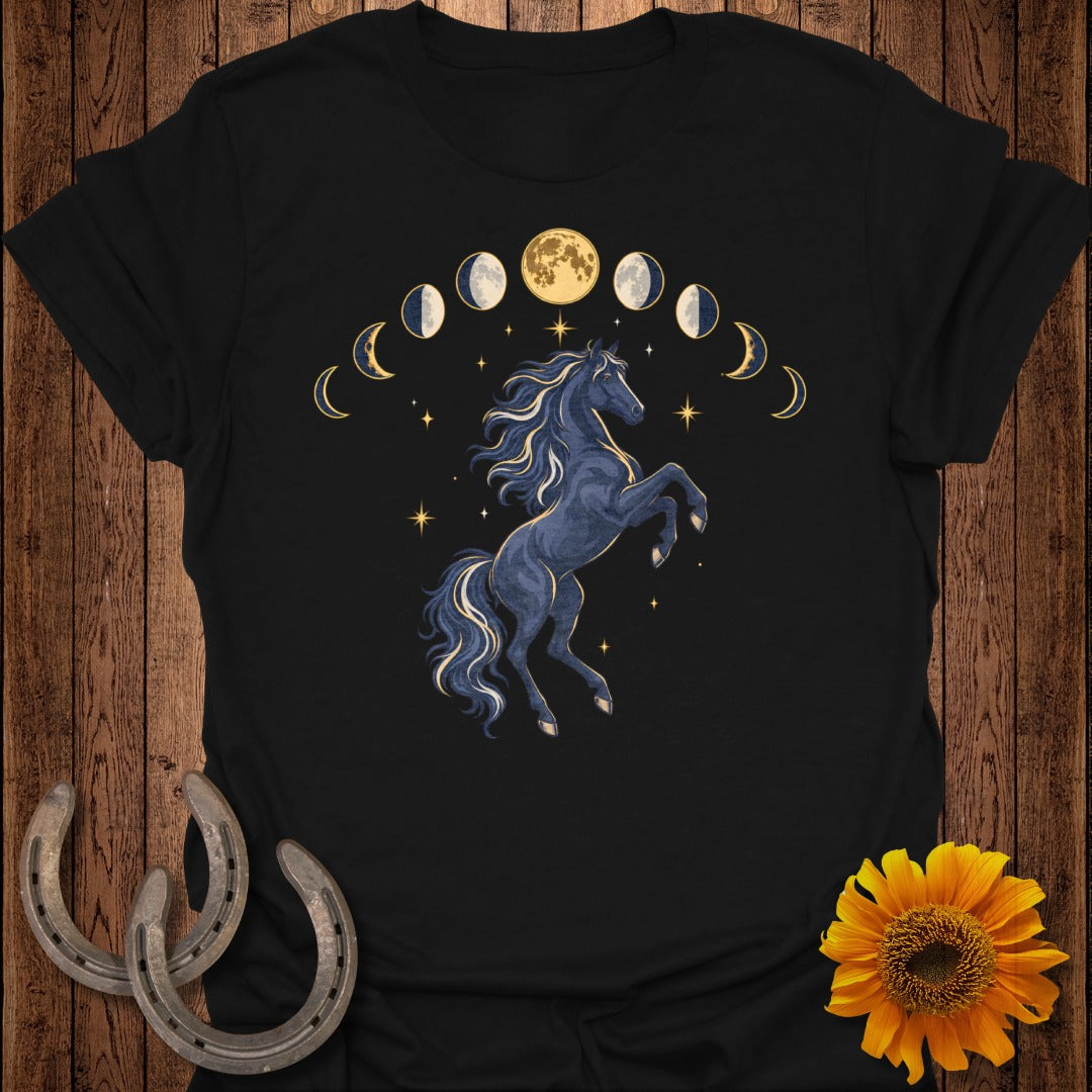 Black t-shirt with a dark blue horse, moon phases, and stars graphic.