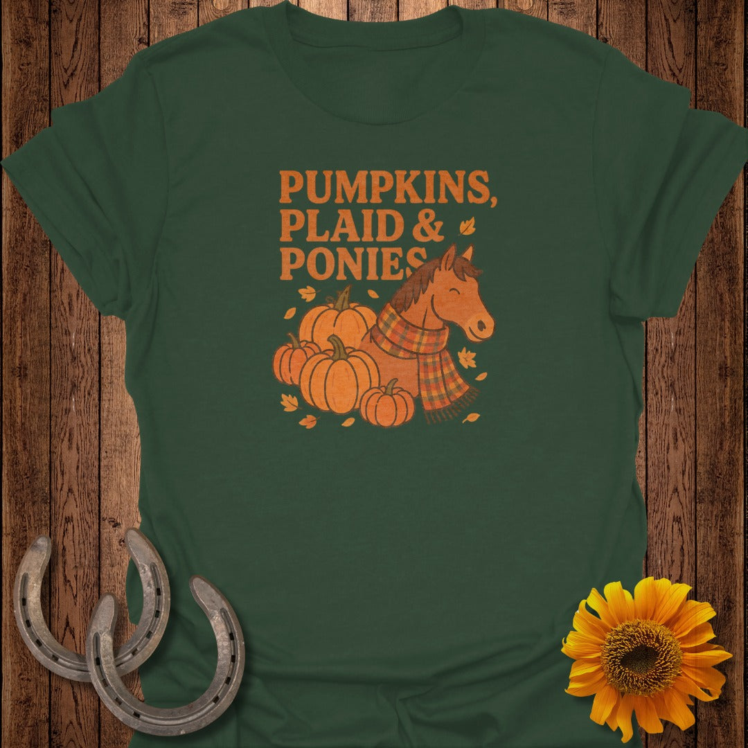 Green t-shirt with "PUMPKINS, PLAID & PONIES" text and a horse with pumpkins.