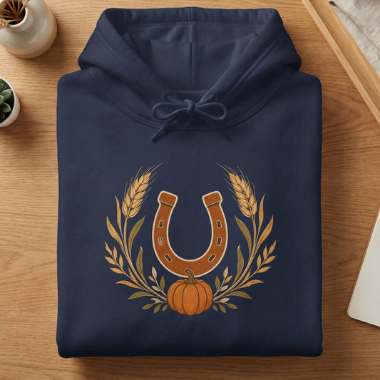 Navy hoodie with horseshoe, wheat, and pumpkin graphic.